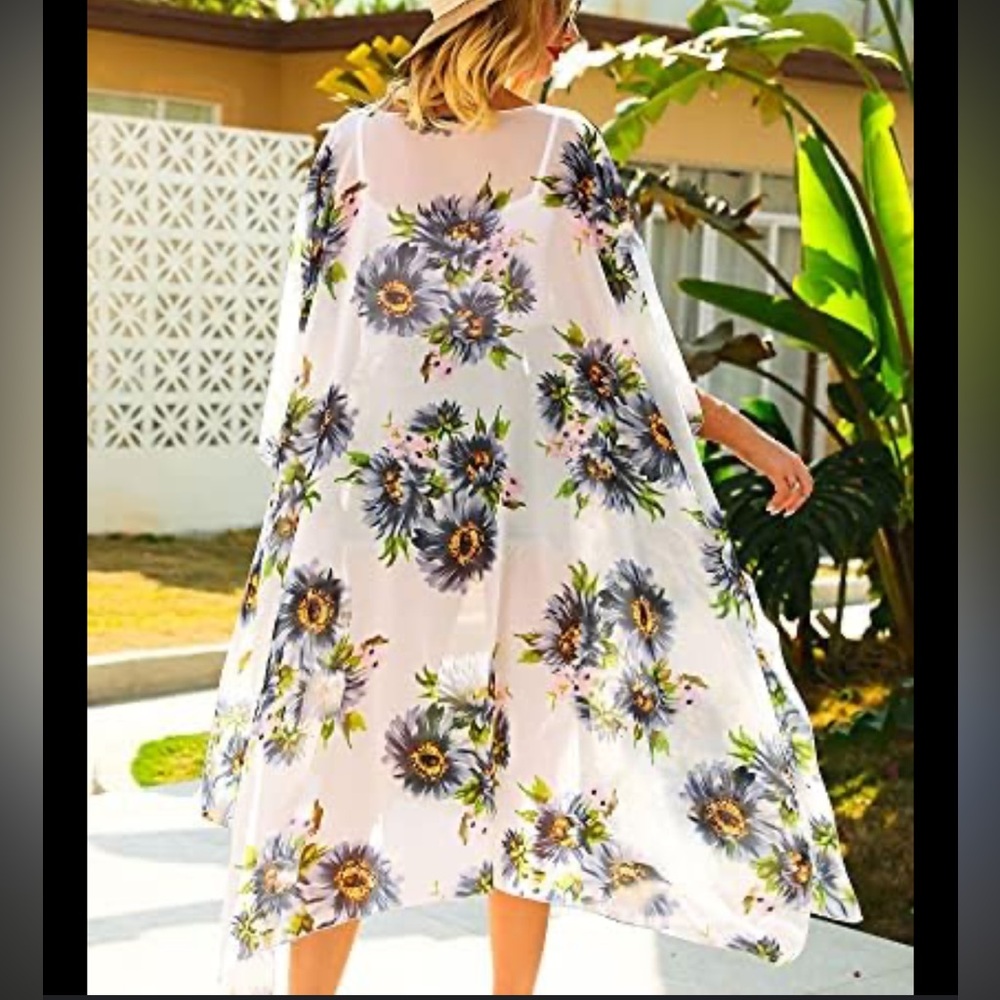 Women's‎ Casual Kimono Beach Cover Up White Floral Longer Length Chiffon 3X